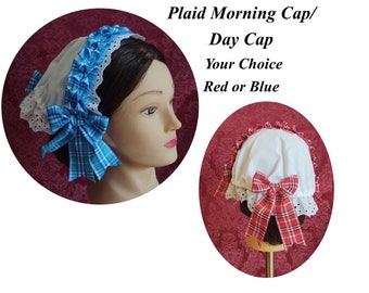 Plaid Ribbon Trimmed White Cotton Day Cap/ Morning Cap - colonial, regency, civil war, Victorian, Historical headwear,