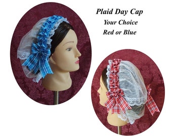 White Lacy Daycap with Plaid Folded ribbon coronet and fanchon style overlay - Day Cap, Civil War, Historical Headwear, Victorian