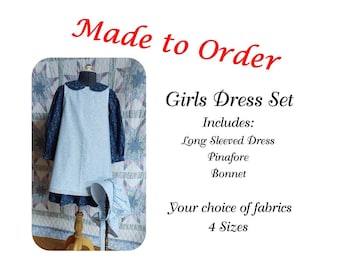 Girl's Dress, Pinafore and Bonnet Combination - MADE TO ORDER - Victorian, Civil War,  Prairie School Days, Old-fashioned, Historical