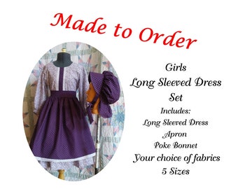 Girl's Long Sleeved Dress, Apron and Bonnet Set - MADE TO ORDER - Victorian, Civil War,  Prairie School Days, Old-fashioned, Historical