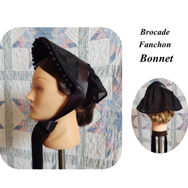 Brocade Fanchon Mourning Bonnet - Dinner Bonnet - Empire Bonnet - Widows Weeds - Civil War - 19th century Victorian