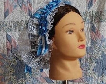 Gorra de día transparente con panel de ventana blanca con corona de cinta plegada a cuadros azules y fascículo hacia atrás - Gorra de día, Guerra Civil, Sombreros históricos