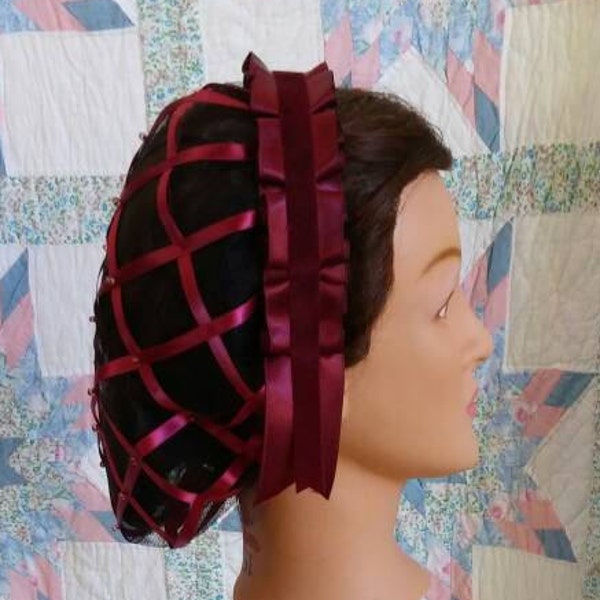 Wine Burgandy Ribbon Hairnet with Burgandy Folded Ribbon Coronet