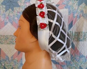 White Ribbon Hairnet with Red Satin Ribbon Roses on a White Folded Ribbon Coronet - Mrs Claus, Christmas