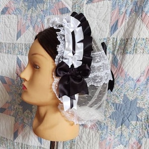 Black and White Ribboned White Lacy Daycap with lace accented back Day Cap, Civil War, Historical Headwear image 1