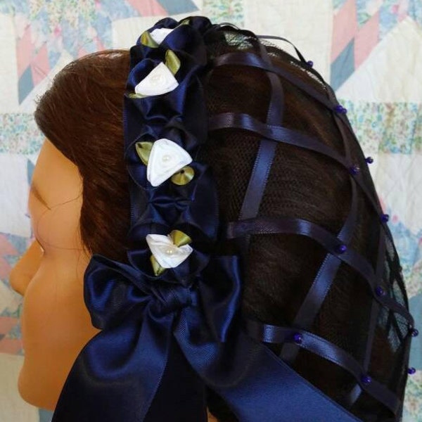 Navy Ribbon Hairnet with White Satin Ribbon Roses on a Navy Folded Ribbon Coronet