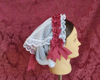 White Lacy Daycap with Burgundy Wine folded ribbon coronet trim and fanchon style overlay - Day Cap, Civil War, Historical Headwear