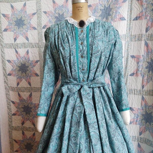 Petite Civil War Era Dress - Day Wrapper in Paisley Cotton, camp, work or day dress, Victorian, Pioneer, Historical, 19th Century, Civil War