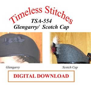 May include: A digital download pattern for a Glengarry and Scotch cap. The Glengarry is black with a black ribbon. The Scotch cap is gray with a black ribbon and a feather accent. The pattern is called TSA-554.