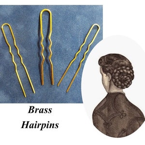 12 Brass hair pins, Victorian, U-pins, bun holder, french twist pins, Hair forks, 19th Century Hair Accessory, Historical, reproduction