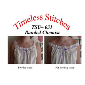 May include: Two images of a white chemise with a purple ribbon and lace trim. The top image shows the chemise with a higher neckline, labeled "For day wear". The bottom image shows the chemise with a lower neckline, labeled "For evening wear".