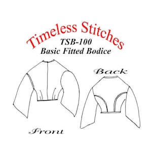 May include: Line drawing pattern for a fitted bodice with long sleeves. The pattern is labeled "TSB-100 Basic Fitted Bodice" and shows the front and back views.