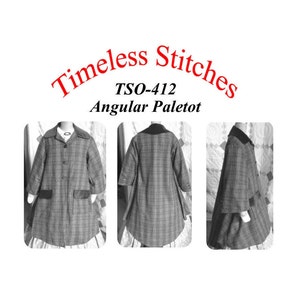 May include: A black and white image of a vintage sewing pattern for a child's coat. The pattern is called "Angular Paletot" and has the number TSO-412. The image shows the coat from the front, back, and side.
