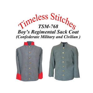 Puede incluir: Dos chaquetas grises de saco, una con puños rojos, para un niño. Las chaquetas tienen un cuello alto y cierre de botones. El texto en la imagen dice "Timeless Stitches TSM-768 Boy's Regimental Sack Coat (Confederate Military and Civilian)"