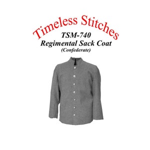 Puede incluir: Un abrigo gris de saco de regimiento confederado, etiquetado como "TSM-740 Timeless Stitches Regimental Sack Coat (Confederate)"