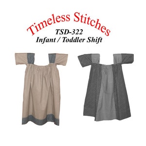 May include: Two infant or toddler dresses, one beige with blue trim and one grey with white trim. Both dresses are sleeveless and have a gathered neckline. The dresses are labelled "TSD-322 Infant/Toddler Shift".