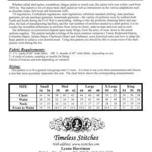 May include: A sewing pattern for a shell jacket, also known as a roundabout, fatigue jacket, or round coat. The pattern includes instructions for various adaptations, such as shoulder straps, belt loops, and functional cuffs. The pattern is for sizes 34 to 58 inches in chest measurement. The pattern is from Timeless Stitches, a company based in Everson, Washington.