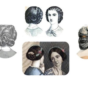 Puede incluir: Una colecci&oacute;n de cinco ilustraciones vintage que representan diferentes peinados para mujeres. Las ilustraciones son en blanco y negro y muestran varios estilos de trenzas, mo&ntilde;os y recogidos.