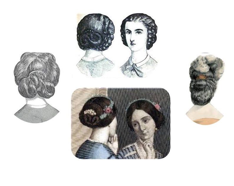 Puede incluir: Una colecci&oacute;n de cinco ilustraciones vintage que representan diferentes peinados para mujeres. Las ilustraciones son en blanco y negro y muestran varios estilos de trenzas, mo&ntilde;os y recogidos.