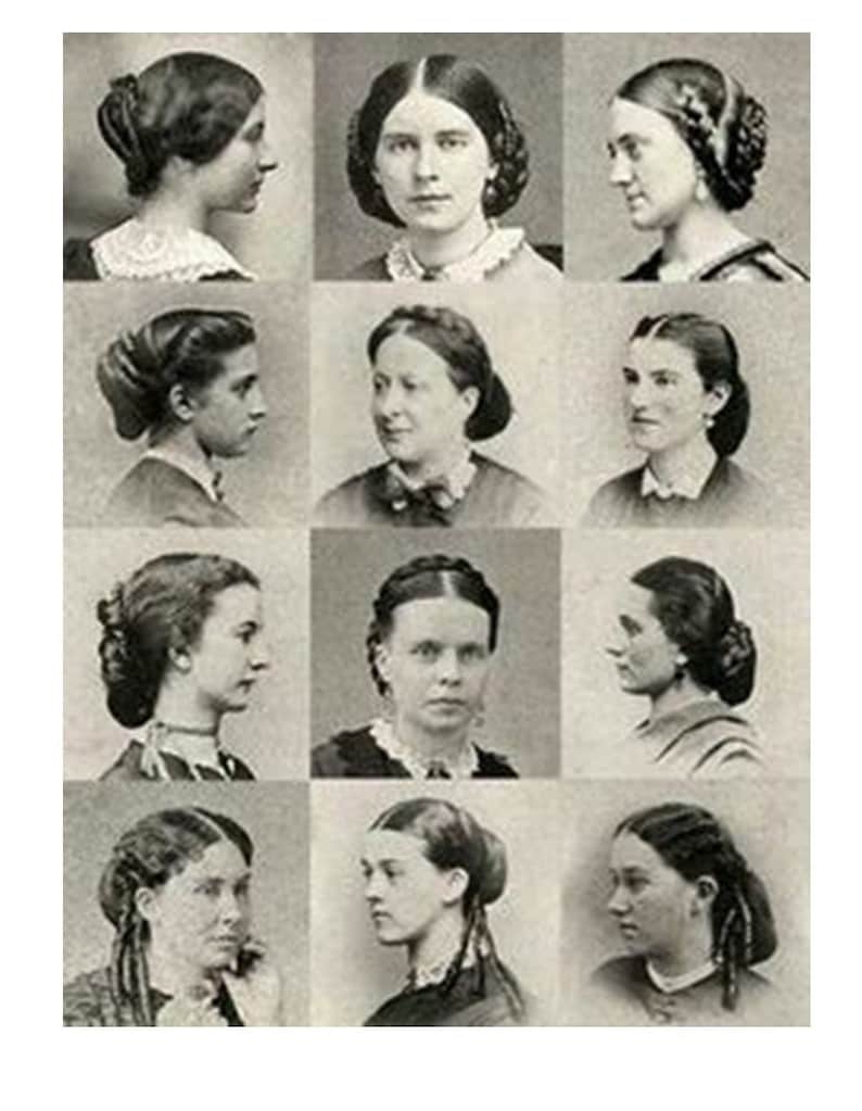 Puede incluir: Un collage de fotos en blanco y negro de 12 mujeres con diferentes peinados. Cada mujer lleva un vestido sencillo y tiene una expresi&oacute;n seria en su rostro.
