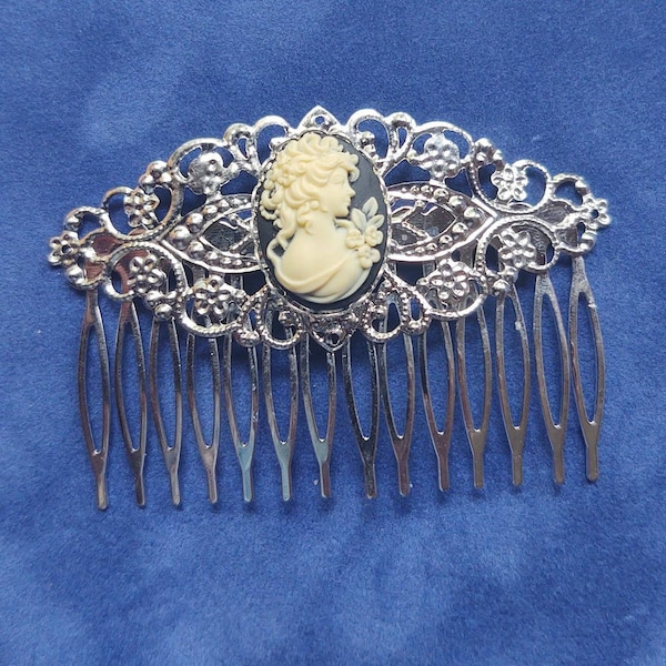 Black Cameo with Silver Filigree Hair Comb, 19th Century Hair Accessory, Victorian, Prom, Evening, Prom, Bridal