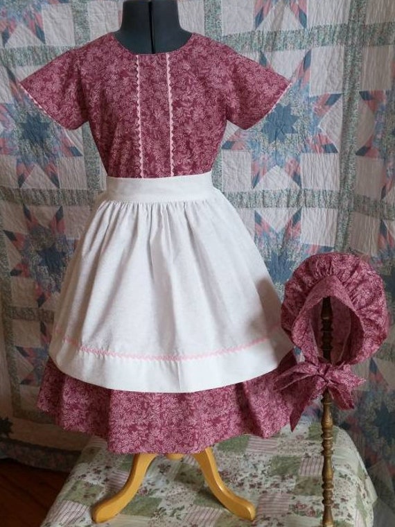 Girl's Short Sleeved Dress, Apron and Bonnet Set - MADE TO