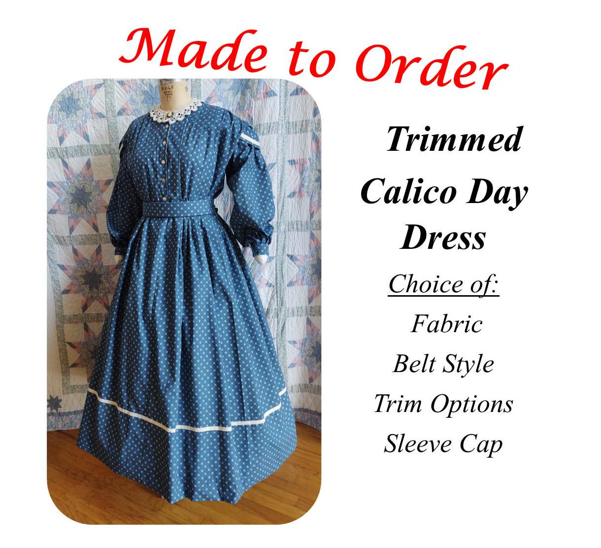 Trimmed Civil War Era Dress Day Wrapper in Calico Print, camp, work or day dress, Victorian, Pioneer, Historical, 19th Century