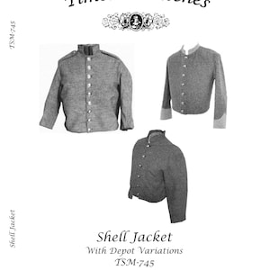 May include: A sewing pattern for a shell jacket with depot variations. The pattern includes three different views of the jacket, showing the front, back, and side. The pattern is for sizes 4, 6, and 8. The pattern is titled "Timeless Stitches" and the pattern number is TSM-745.