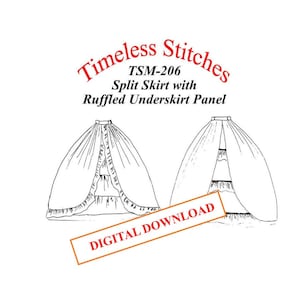 May include: A black and white line drawing of a split skirt with a ruffled underskirt panel. The drawing is labeled "TSM-206 Split Skirt with Ruffled Underskirt Panel" and "Digital Download".