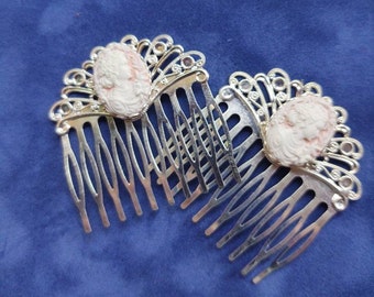 Pair of Pink Cameo on Silver Filigree Hair Combs, 19th Century Hair Accessory, Victorian, Prom, Evening, Prom, Bridal