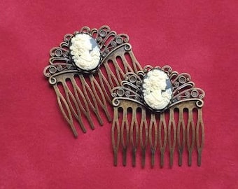 Pair of Black Cameo on Bronze-toned Filigree Hair Combs, 19th Century Hair Accessory, Victorian, Prom, Evening, Prom, Bridal