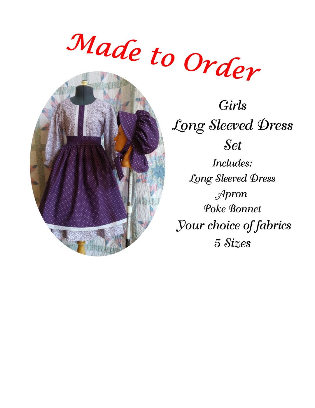 Girl's Long Sleeved Dress, Apron and Bonnet Set - MADE TO ORDER -  Victorian, Civil War, Prairie School Days, Old-fashioned, Historical - Etsy