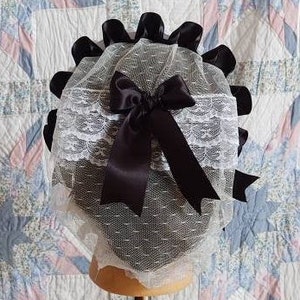 Black and White Ribboned White Lacy Daycap with lace accented back Day Cap, Civil War, Historical Headwear image 7