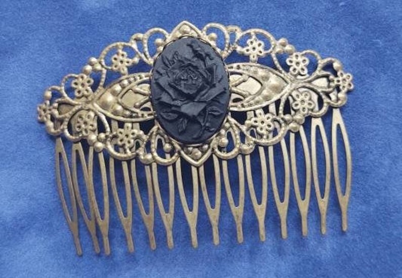Black Rose Cameo with Bronze Filigree Hair Comb Prom Civil War Evening Bridal 19th Century Hair Accessory Victorian
