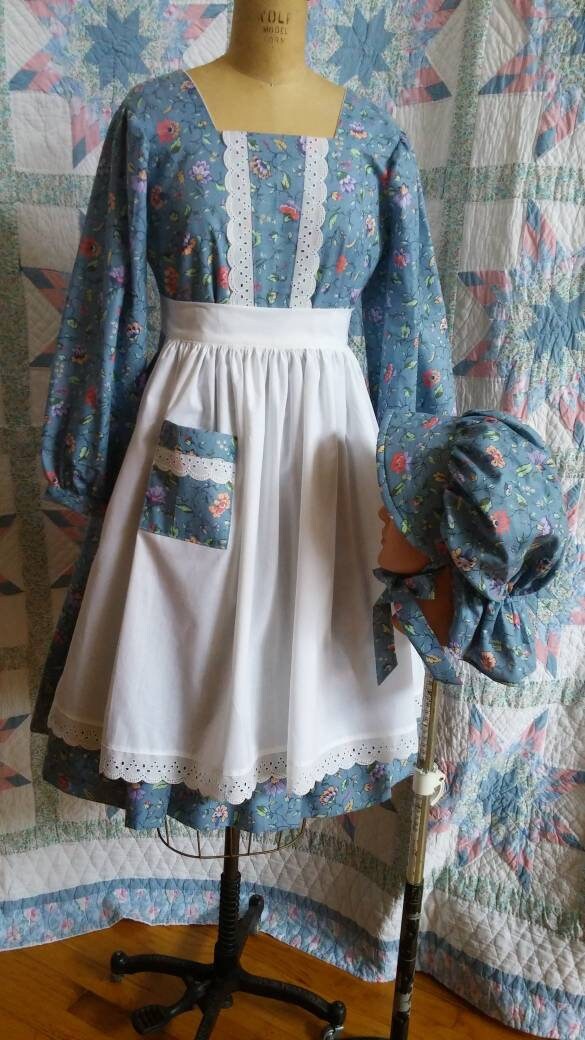 slim fit dress slacks Girl's Short Sleeved Dress, Apron and Bonnet Set, MADE TO ORDER, Victorian,  Civil War, Prairie School Days main image 1