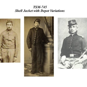 May include: Three black and white photographs of men wearing military uniforms. The men are standing and sitting in different poses. The uniforms are similar but have slight variations in the details. The photos are labeled "TSM-745 Shell Jacket with Depot Variations".