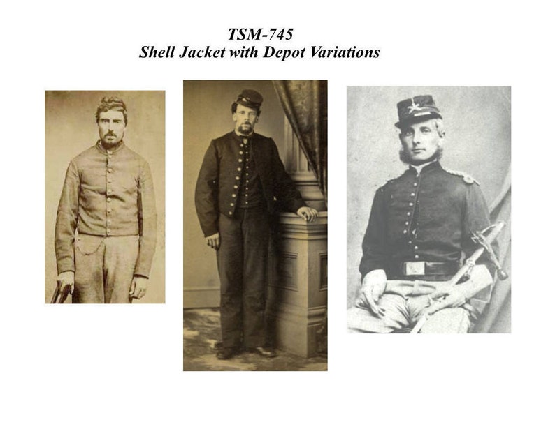May include: Three black and white photographs of men wearing military uniforms. The men are standing and sitting in different poses. The uniforms are similar but have slight variations in the details. The photos are labeled "TSM-745 Shell Jacket with Depot Variations".