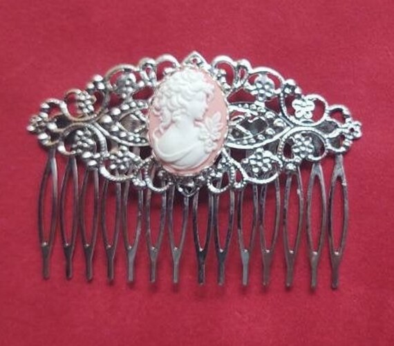 Pink Cameo With Silver Filigree Hair Comb, 19th Century Hair 
