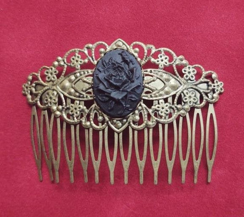 Black Rose Cameo with Bronze Filigree Hair Comb Prom Civil War Evening Bridal 19th Century Hair Accessory Victorian