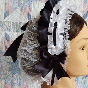 Black and White Ribboned White Lacy Daycap with lace accented back Day Cap, Civil War, Historical Headwear image 5