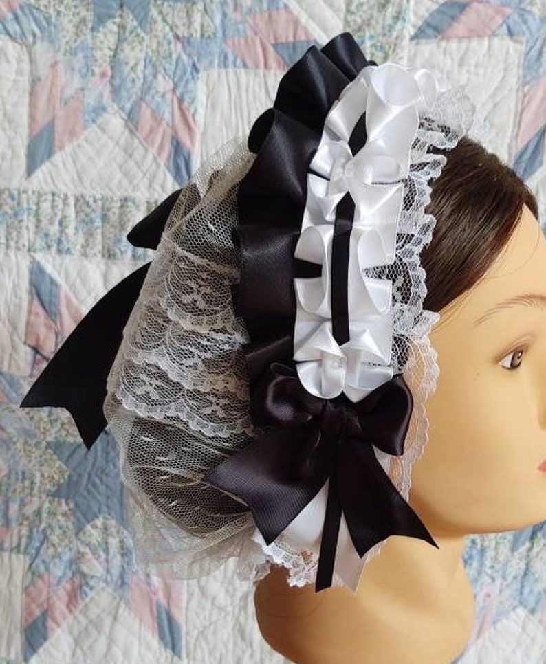 Black and White Ribboned White Lacy Daycap with lace accented back Day Cap, Civil War, Historical Headwear image 5