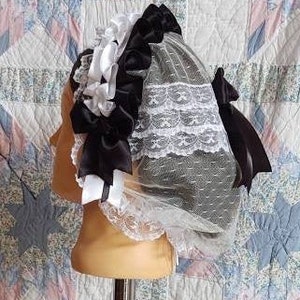 Black and White Ribboned White Lacy Daycap with lace accented back Day Cap, Civil War, Historical Headwear image 2