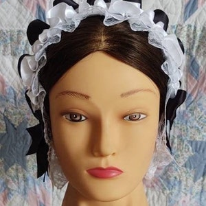 Black and White Ribboned White Lacy Daycap with lace accented back Day Cap, Civil War, Historical Headwear image 6