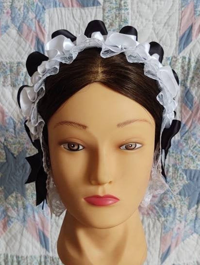 Black and White Ribboned White Lacy Daycap with lace accented back Day Cap, Civil War, Historical Headwear image 6