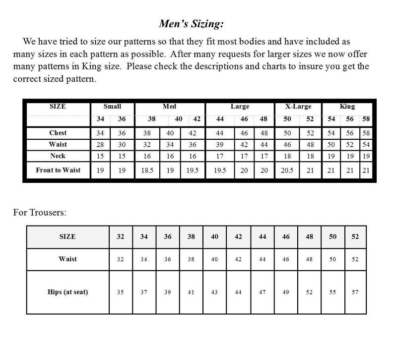 May include: A chart showing men's sizing for clothing. The chart includes measurements for chest, waist, neck, and front to waist. The chart also includes sizes for trousers, including waist and hips.