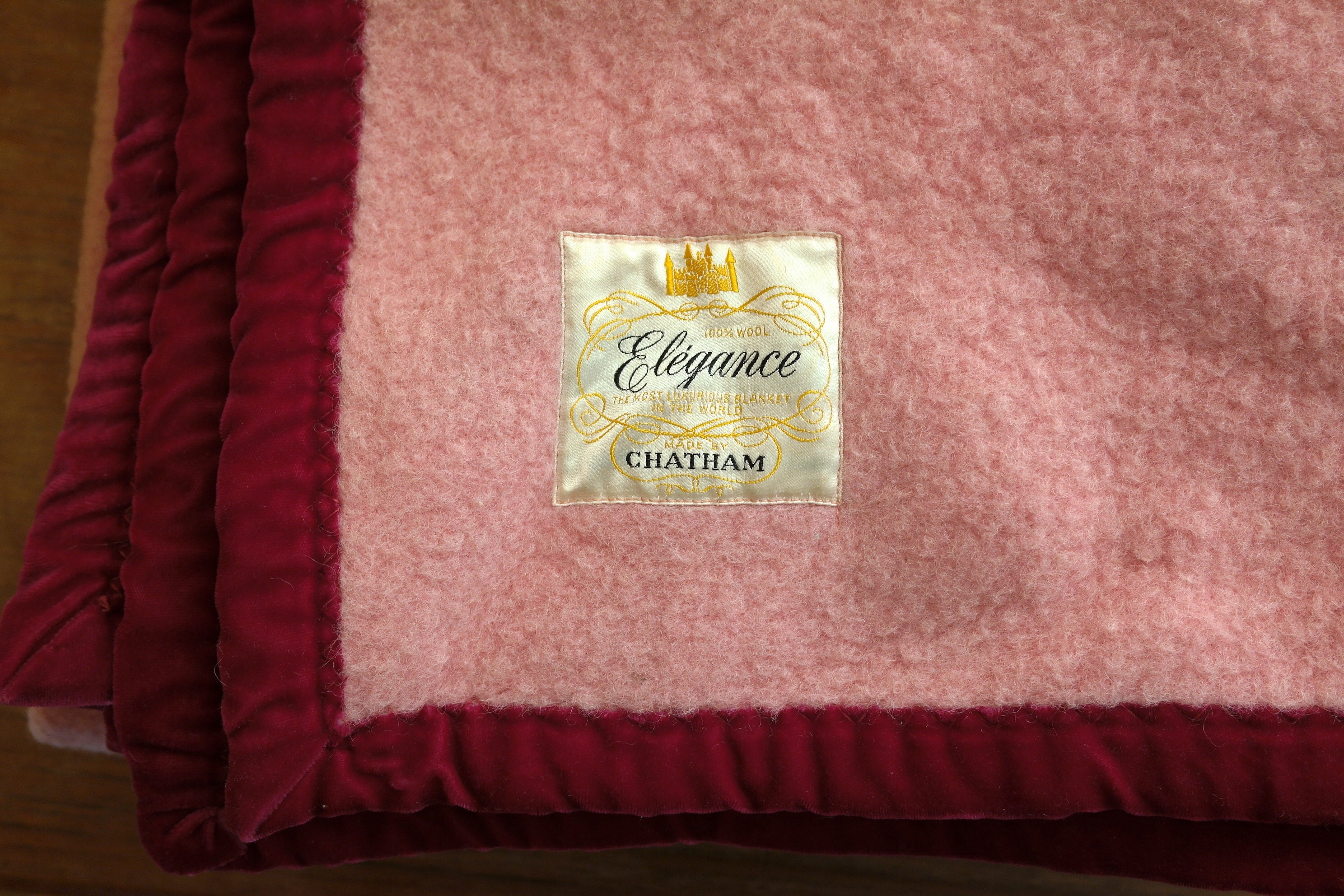 Vintage Wool Blanket Chatham Elegance Pink Red Velvet Trim Etsy