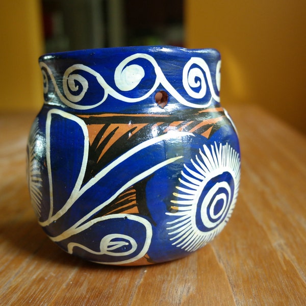 Vintage Mexico Pottery Red Clay Folk Art Hand Painted Hanging Planter Vase Pot Artist Signed Matt Emmily Blue Cream Rust Floral Scroll