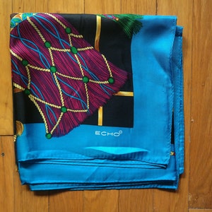 Vintage Echo Silk Scarf Black Blue Red Purple Brown Green Yellow Gold Rope Tassels Classic
