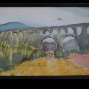 Vintage Painting Signed Framed 1979 Pont Du Gard Viaduct French Landscape Bridge Mountains France Rome