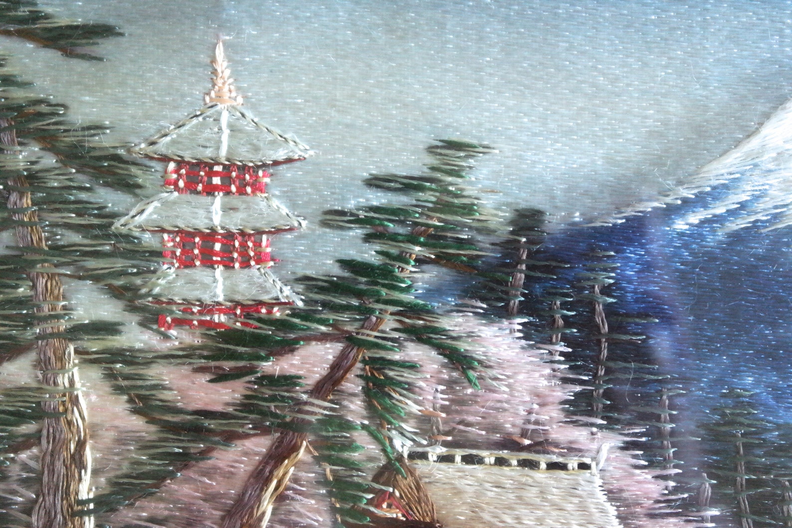 Vintage Asian Silk Thread Painting Mount Fuji Japan Landscape Temple